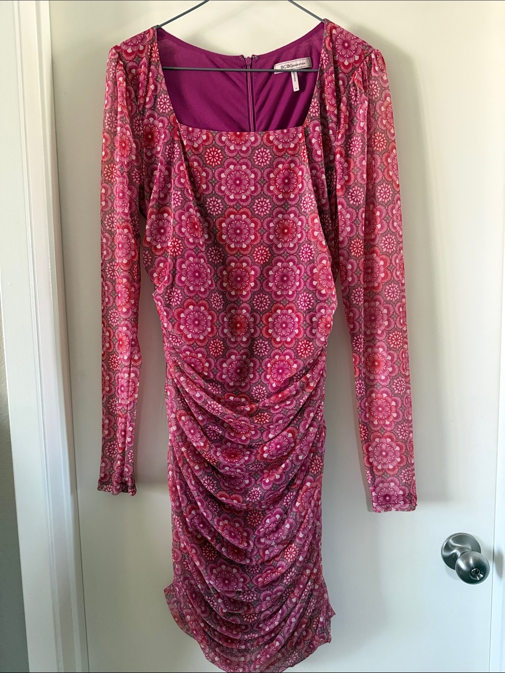 BCBGeneration Pink Floral Ruched Long-Sleeve Square Neck Dress